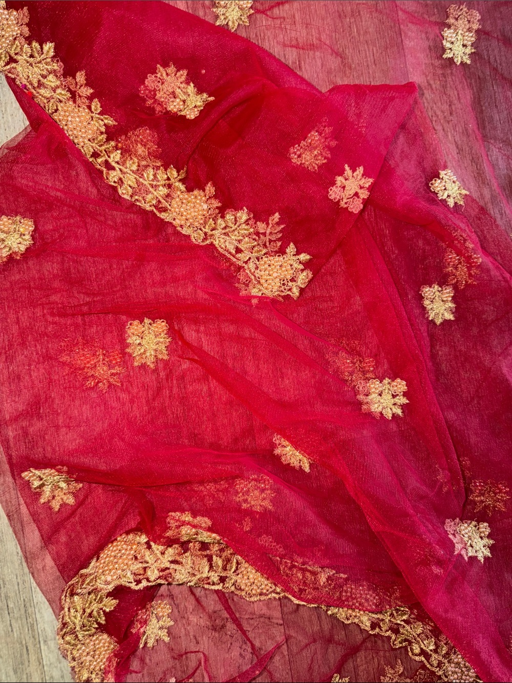 Elegant Red Sheer Scarf with Gold Embroidery